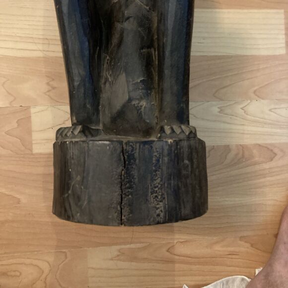 Vtg African Tribal Wood Hand Carved Primitive Statue Seated Figure Rope Hat - Picture 4 of 13